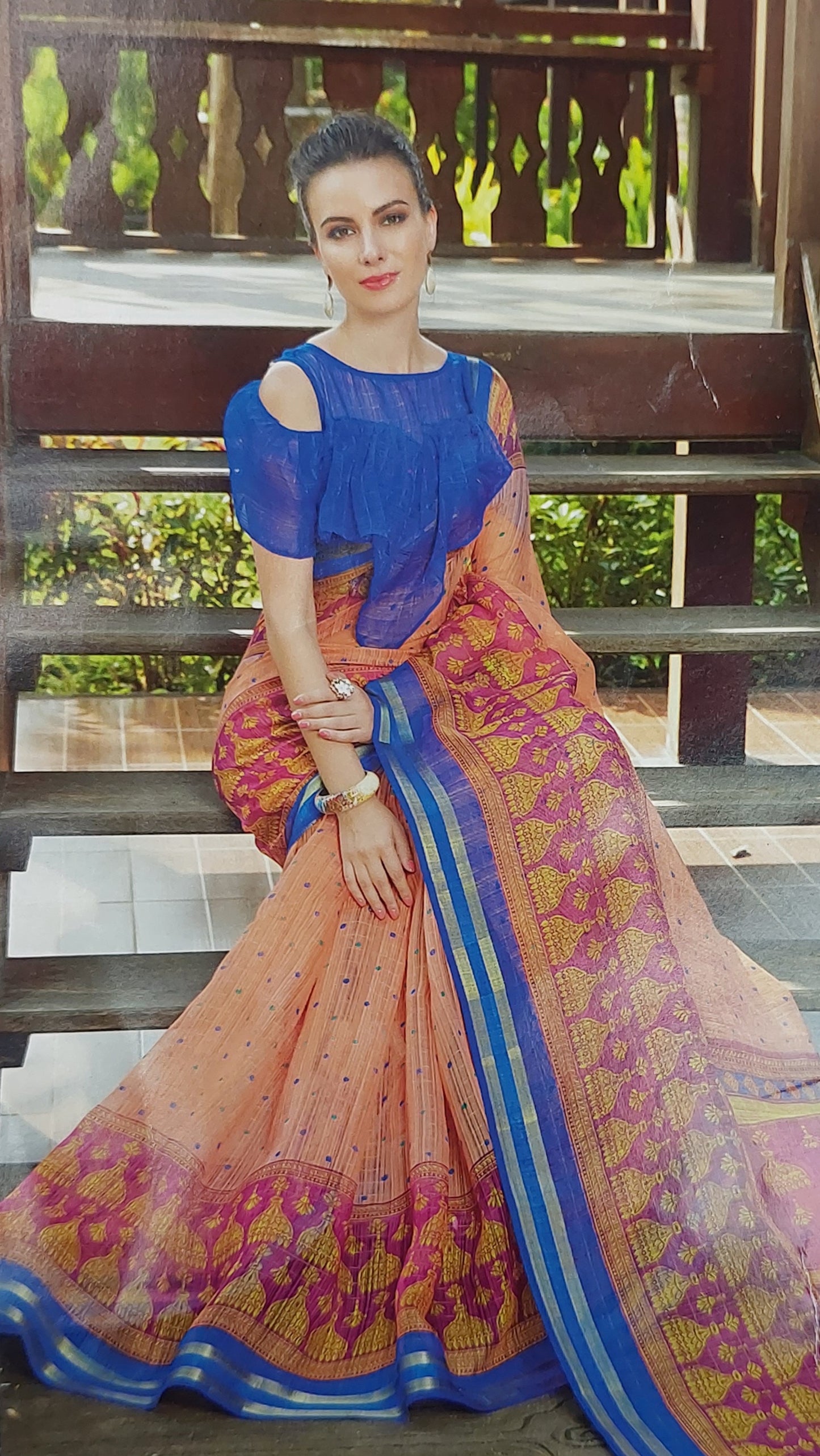 PEACH & BLUE DESIGNER COTTON SAREE