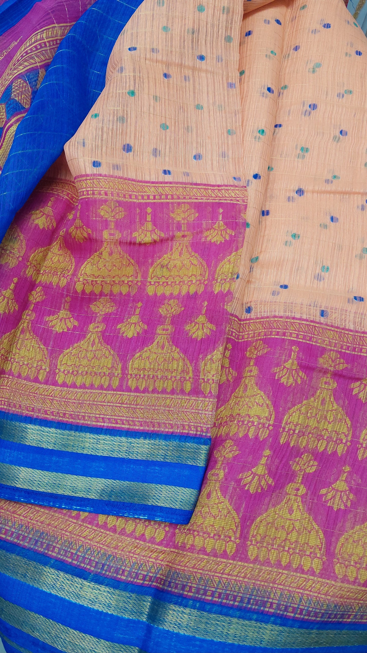 PEACH & BLUE DESIGNER COTTON SAREE