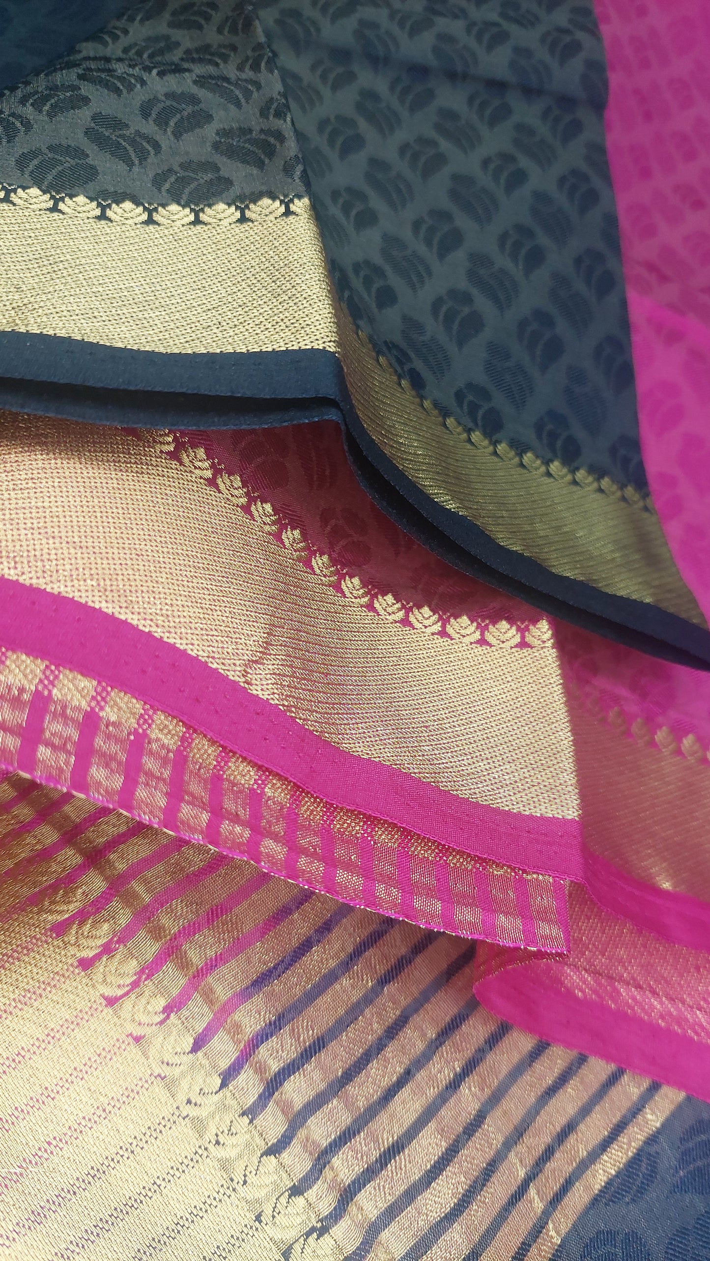 DARK NAVY & PINK TUSSER SILK SAREE