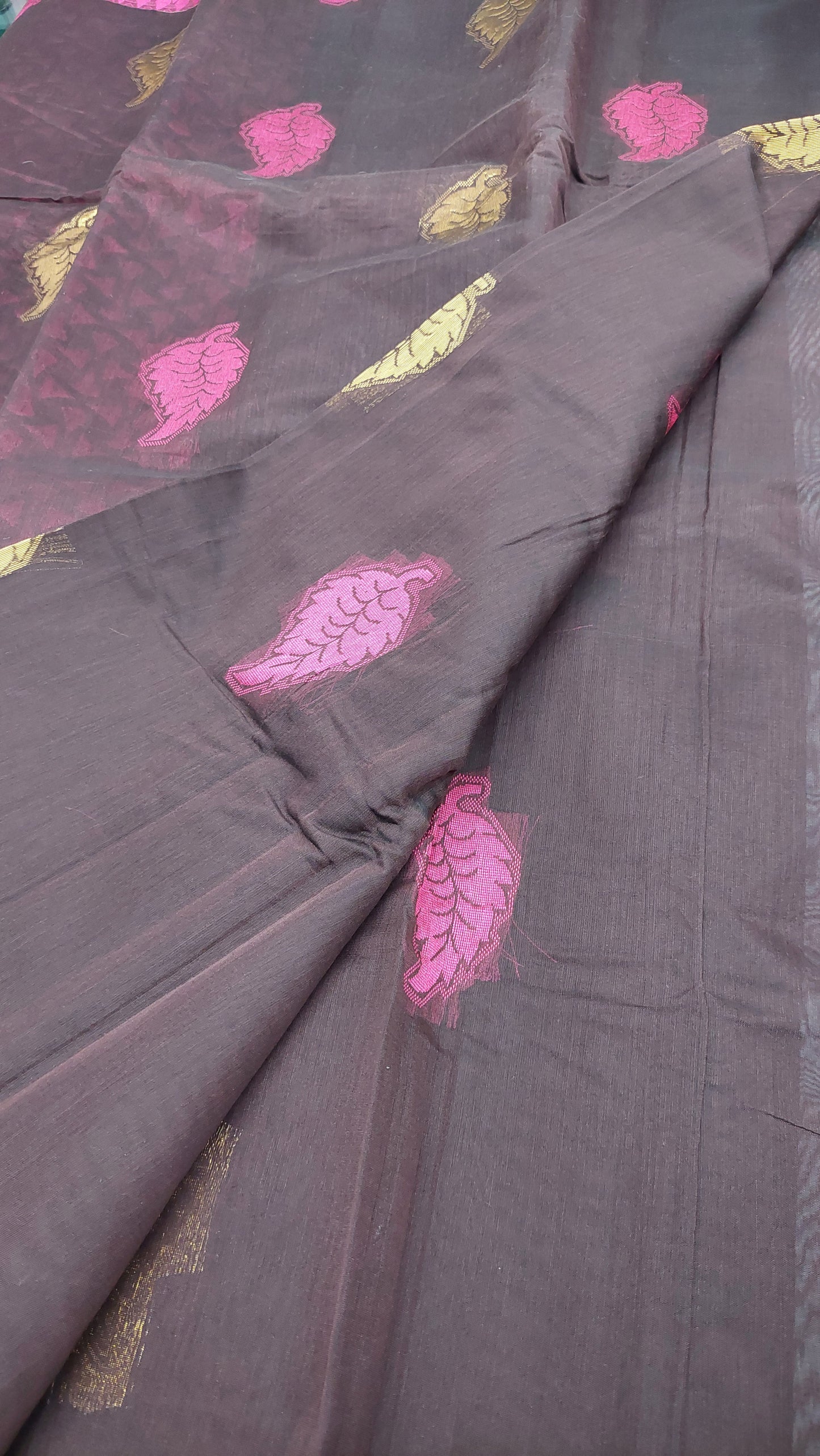 DARK BROWN & PINK COTTON SAREE