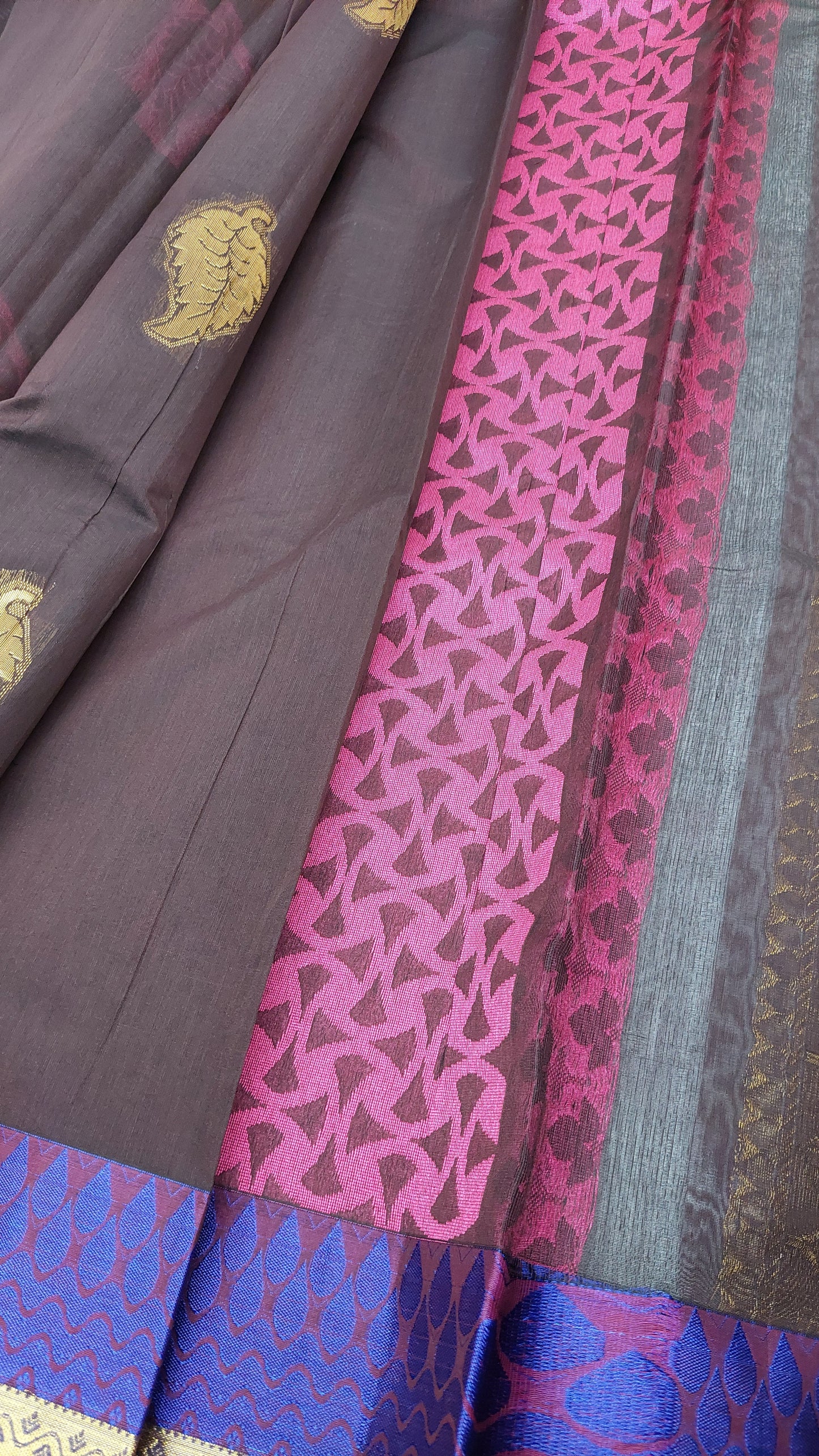 DARK BROWN & PINK COTTON SAREE