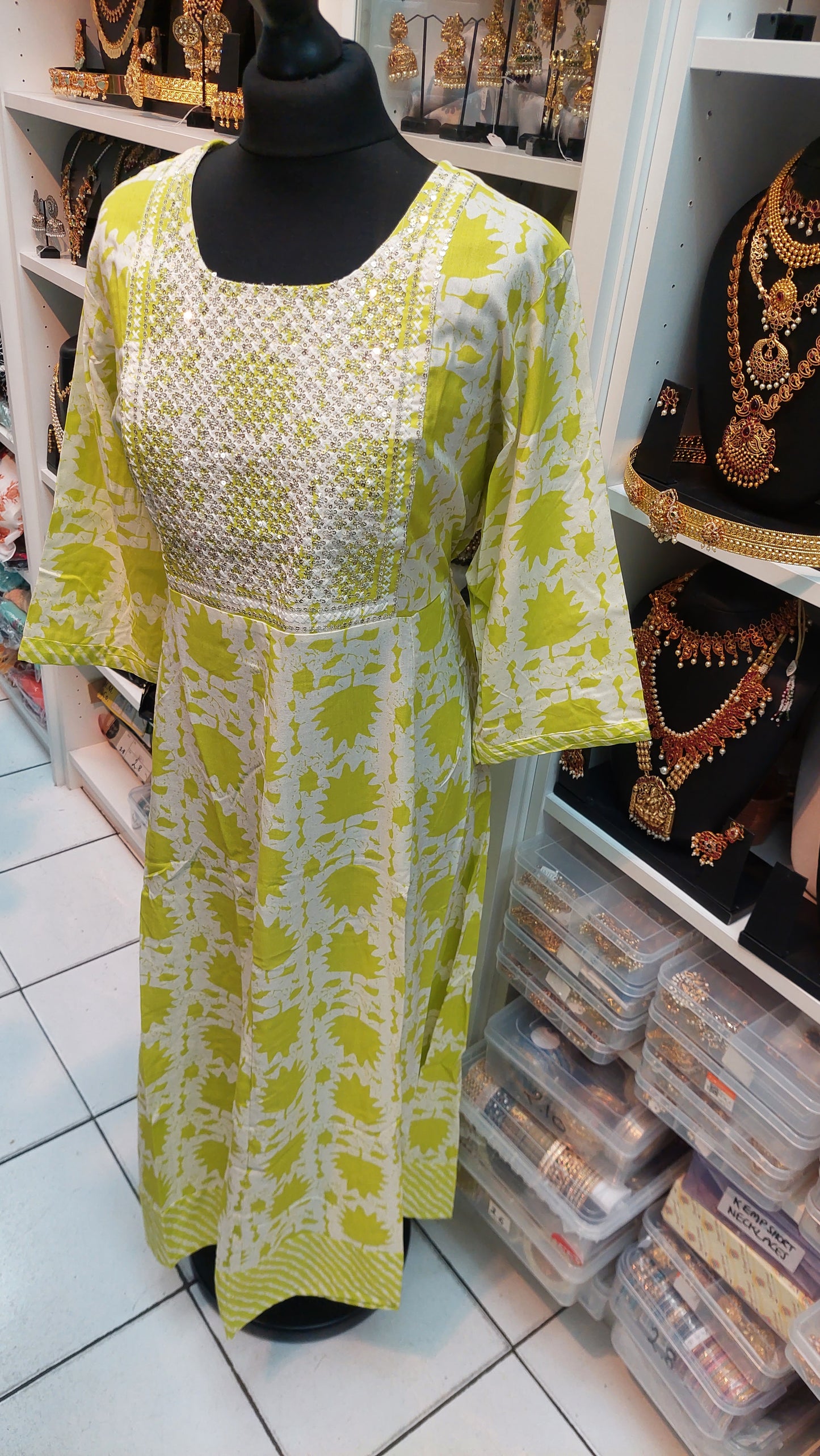 LIME GREEN & WHITE COTTON GOWN