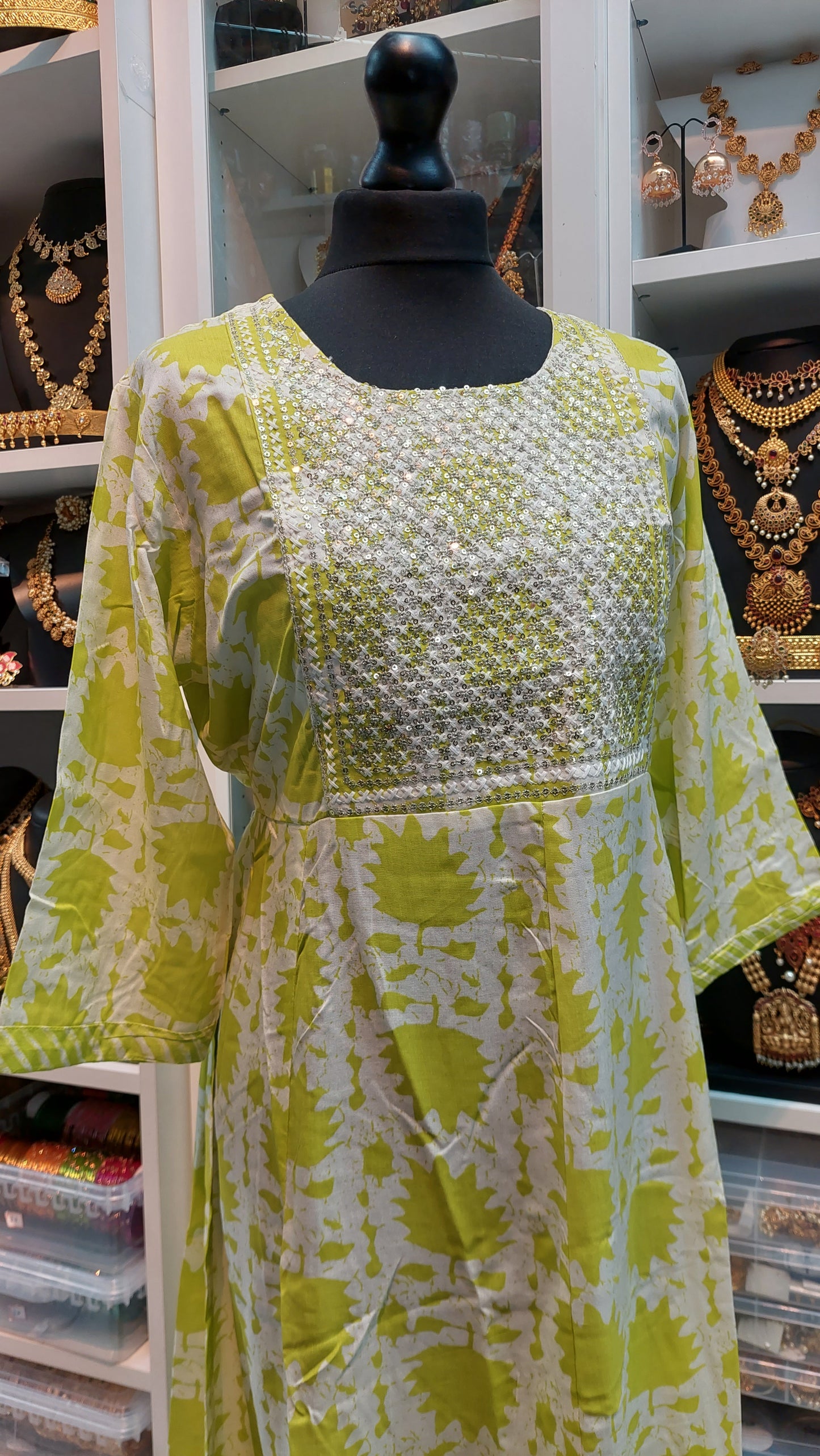 LIME GREEN & WHITE COTTON GOWN