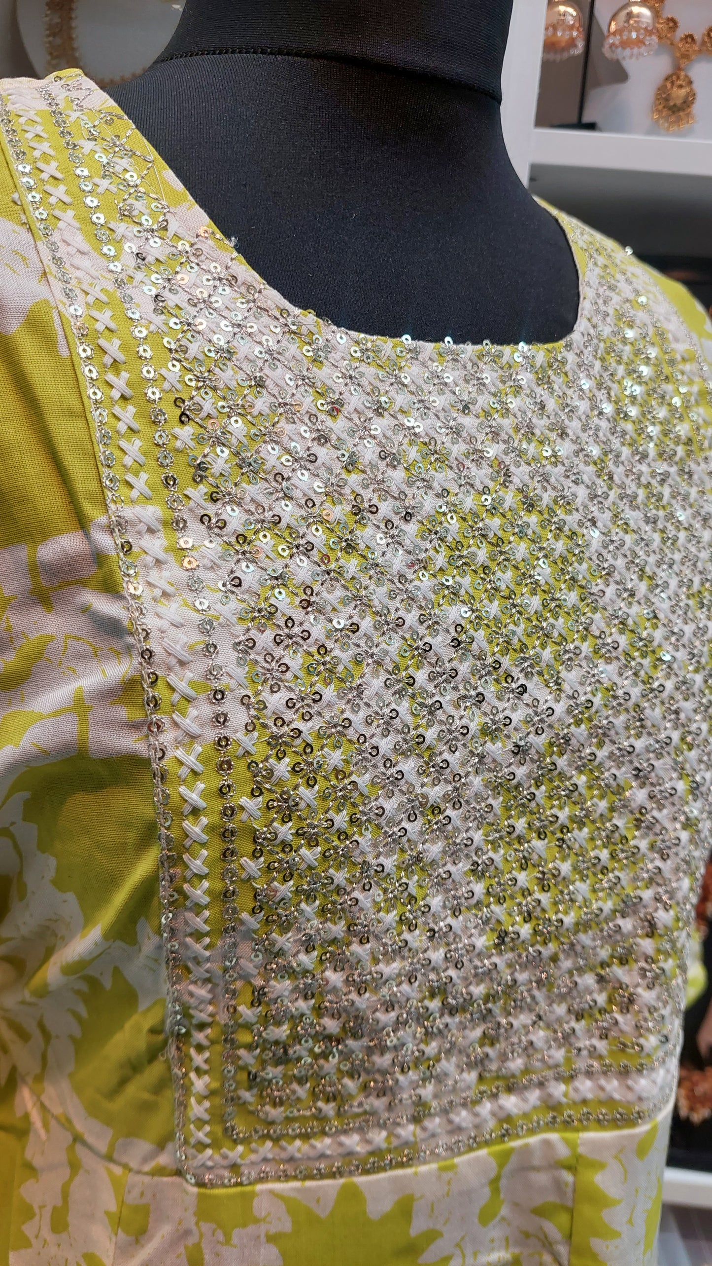LIME GREEN & WHITE COTTON GOWN
