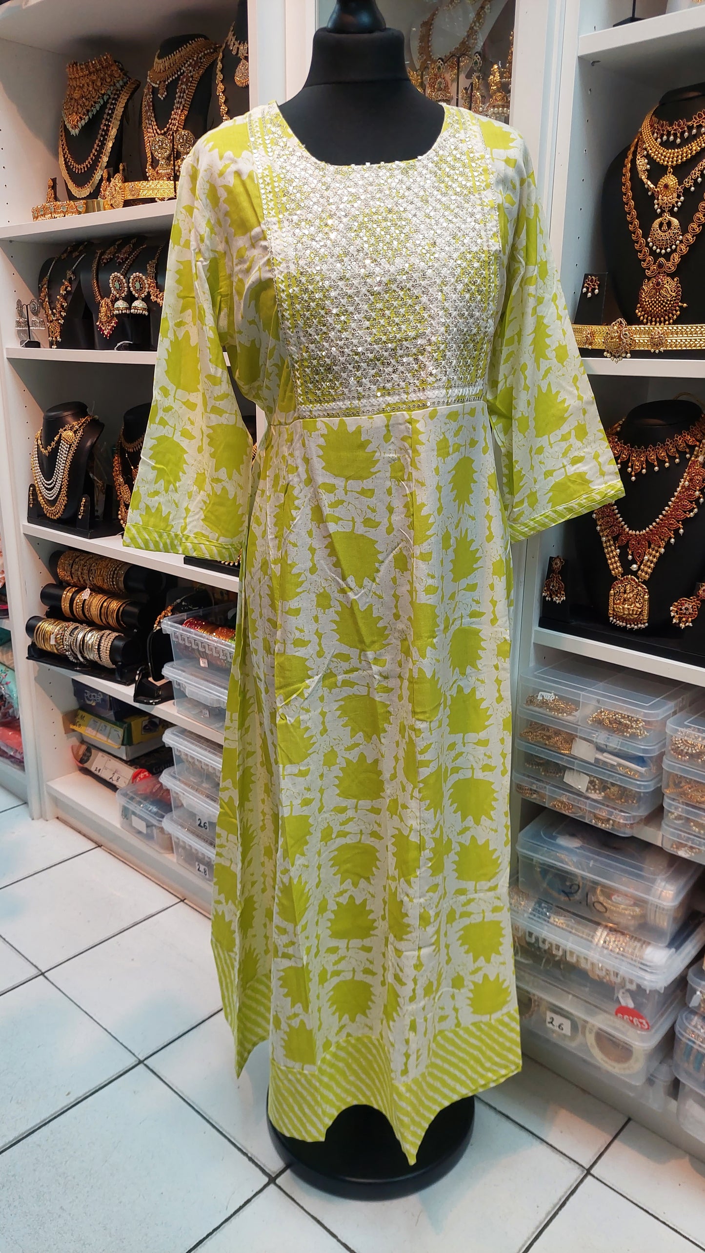 LIME GREEN & WHITE COTTON GOWN