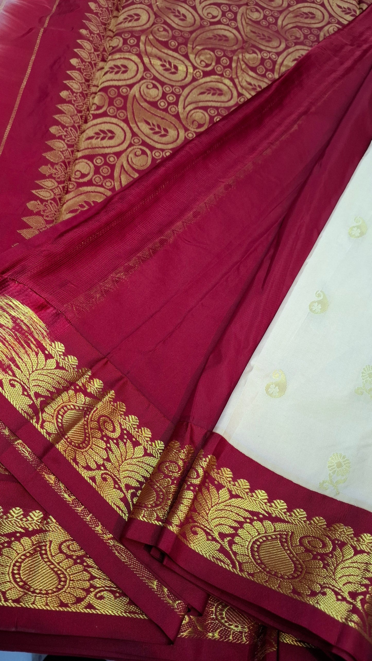 CREAM & RED KANJI SILK SAREE