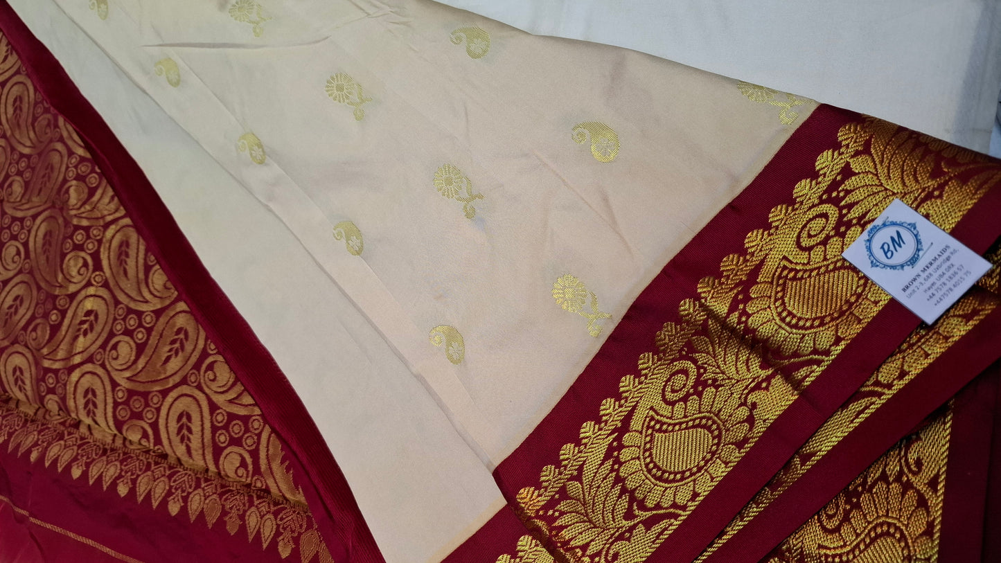 CREAM & RED KANJI SILK SAREE