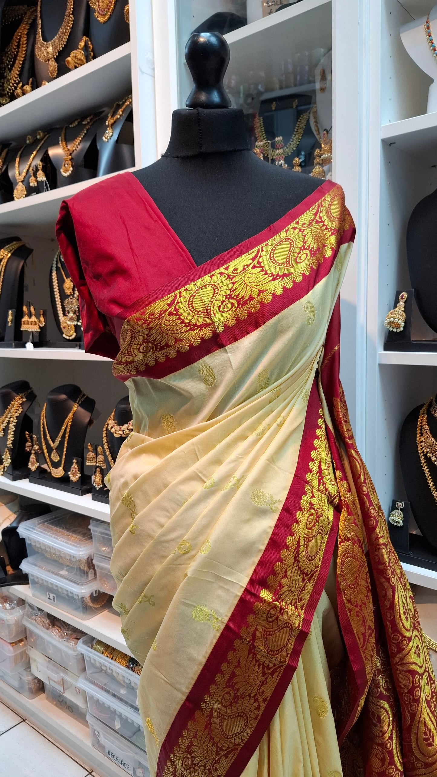 CREAM & RED KANJI SILK SAREE