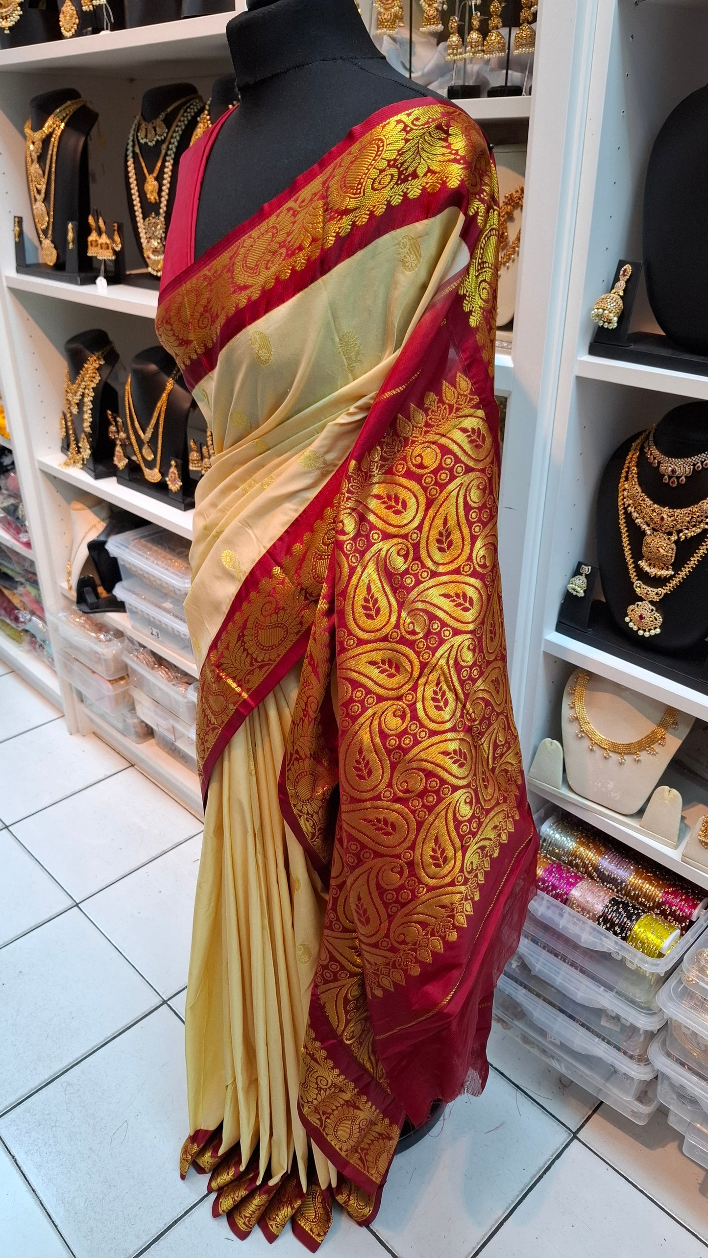 CREAM & RED KANJI SILK SAREE