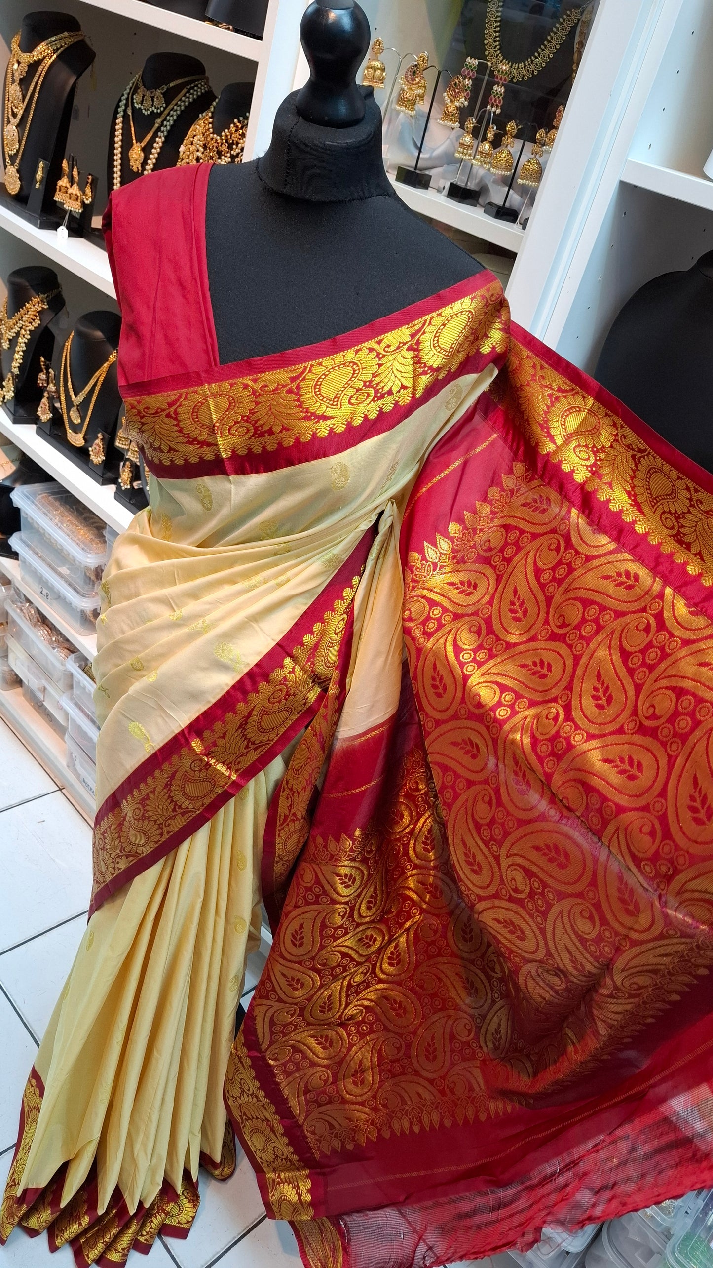 CREAM & RED KANJI SILK SAREE
