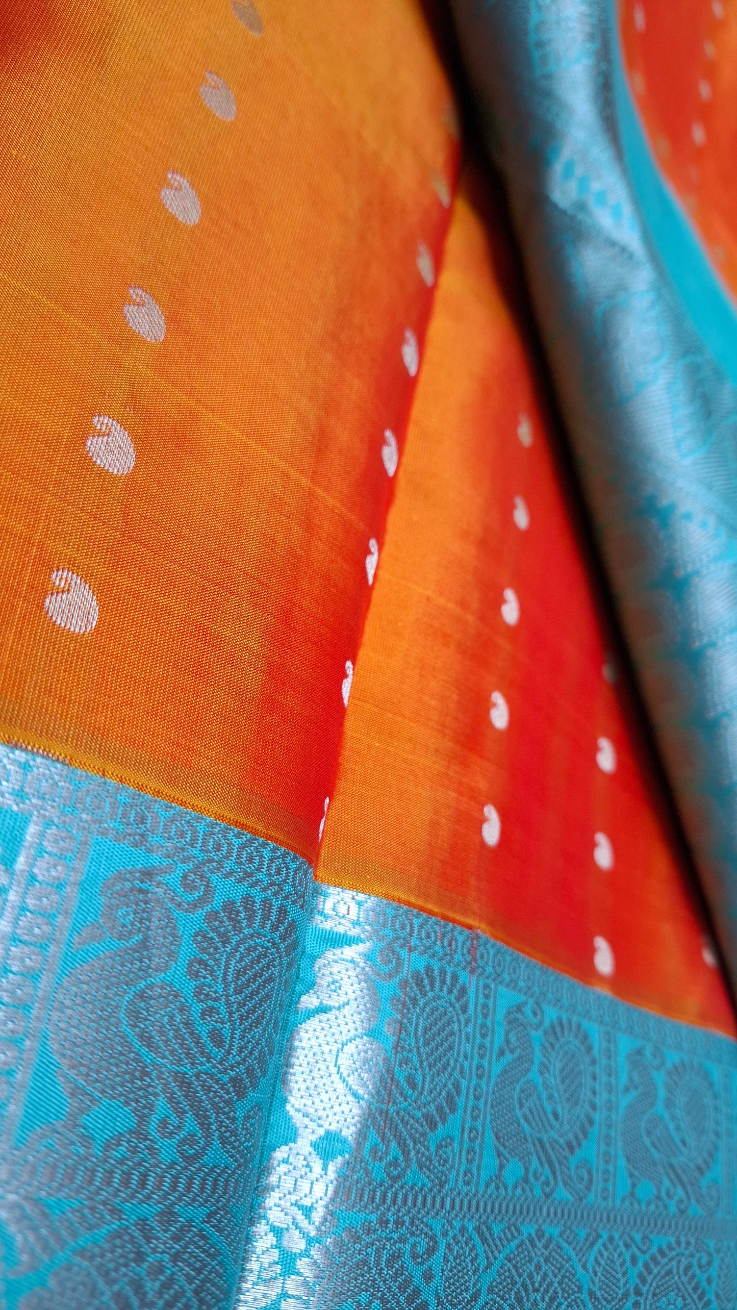 ORANGE & TURQUOISE PURE KANJIPURAM SILK