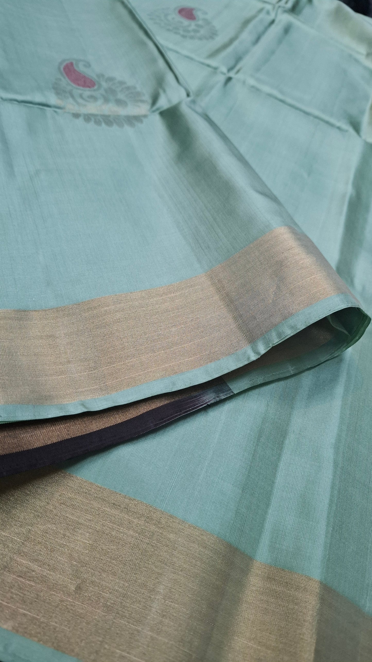 TURQUOISE GREEN & BROWN PURE SOFT SILK