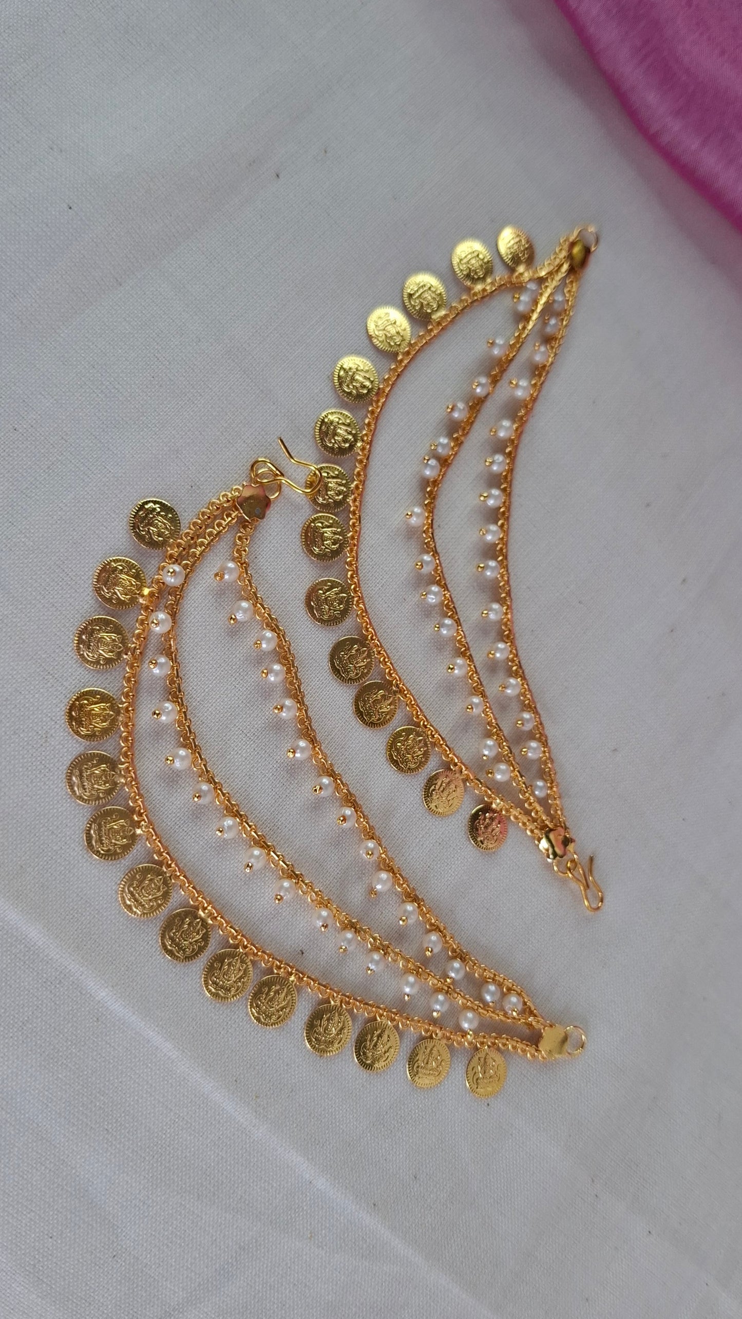 GOLD COINS & PEARLS EAR CHAIN