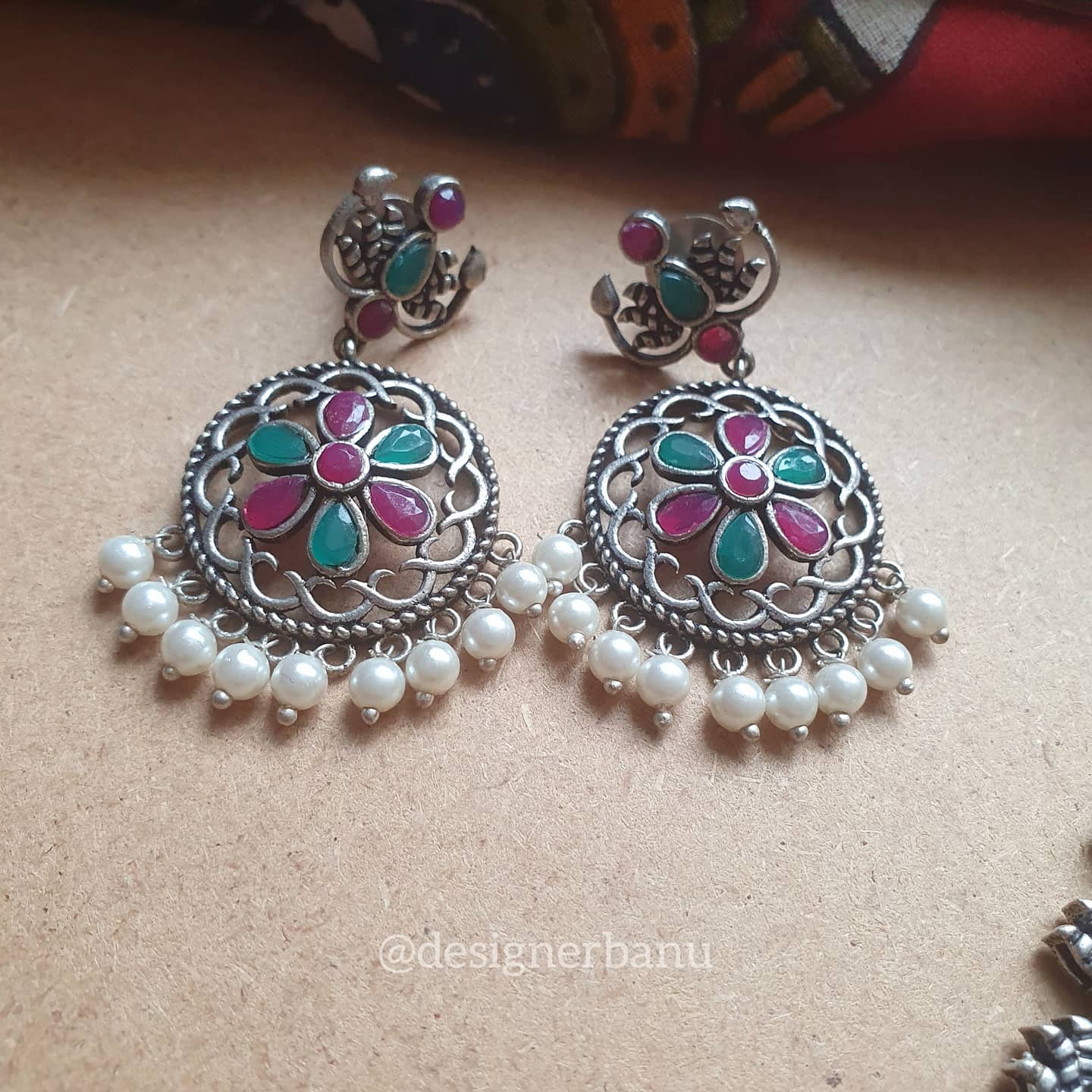 Silver Oxidized temple stone necklace with matching earrings.