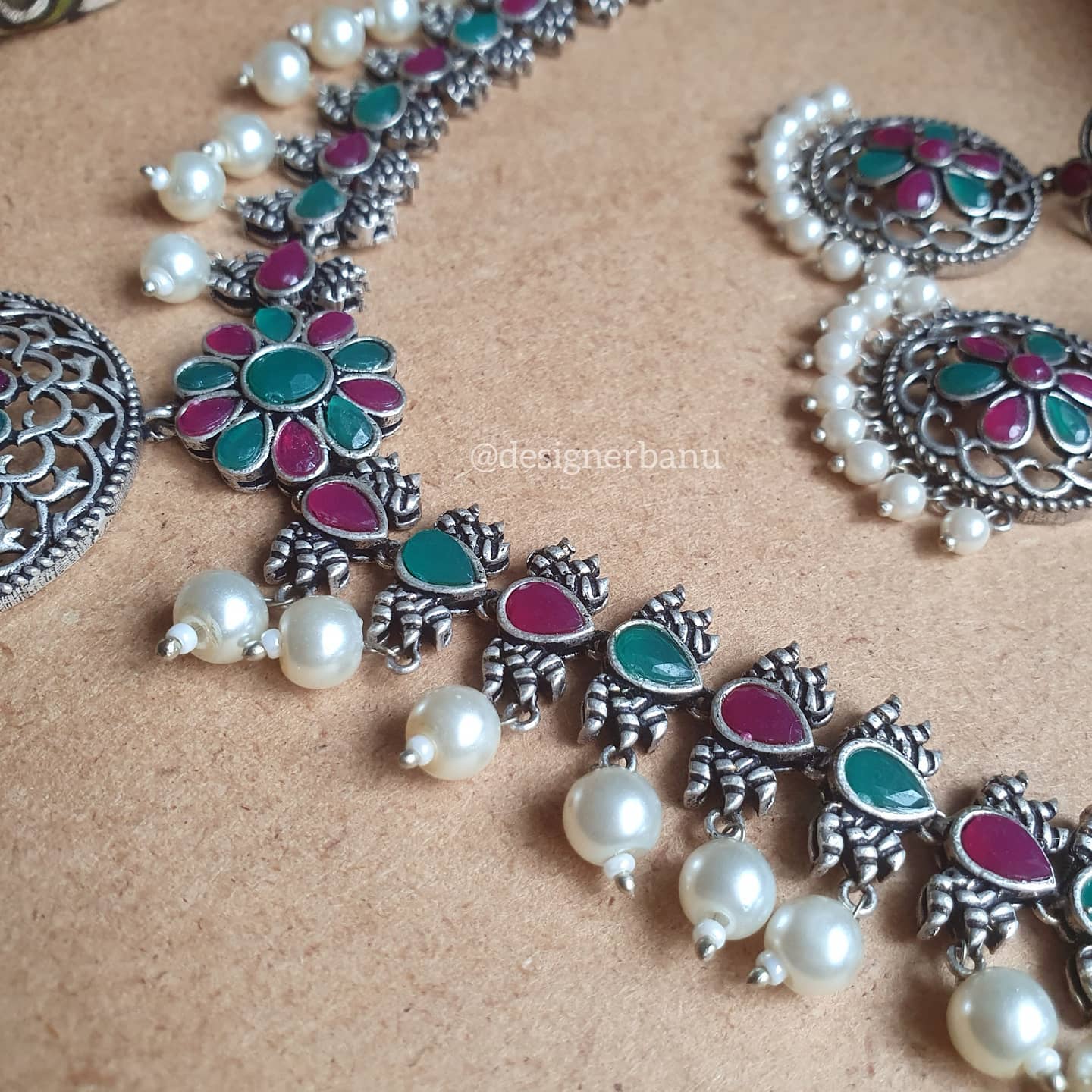 Silver Oxidized temple stone necklace with matching earrings.