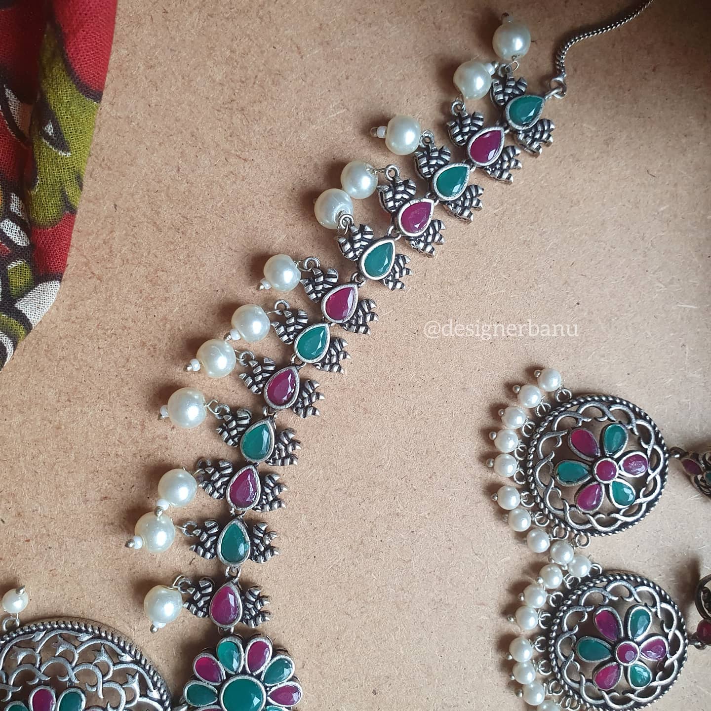 Silver Oxidized temple stone necklace with matching earrings.