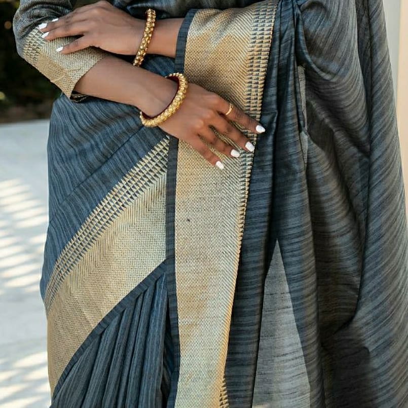 Grey Tussar Weaving Silk Saree
