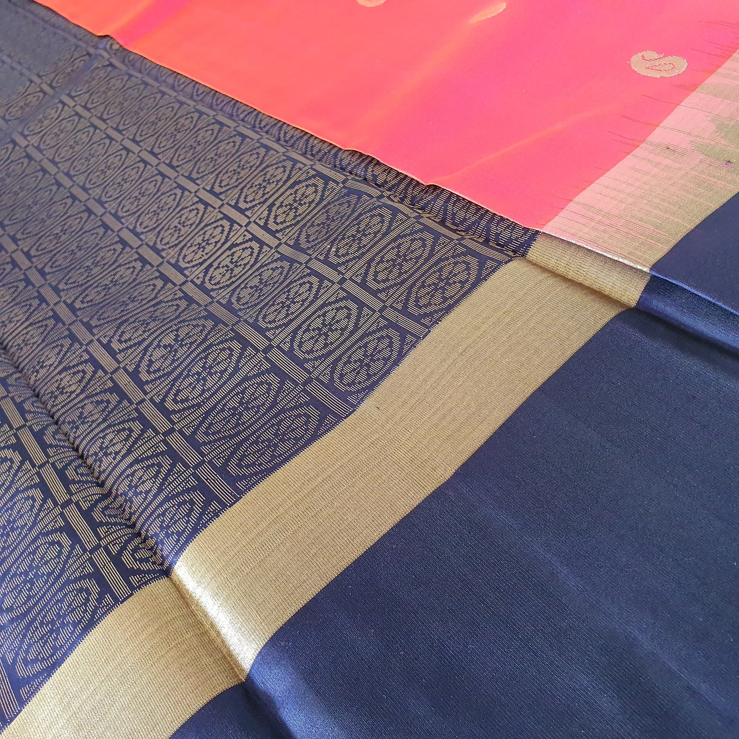 CORAL PINK AND BLUE KANCHIPURAM