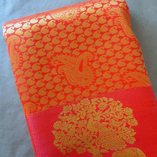 ORANGE RED KANCHIPURAM WITH HEAVY EMBROIDERY