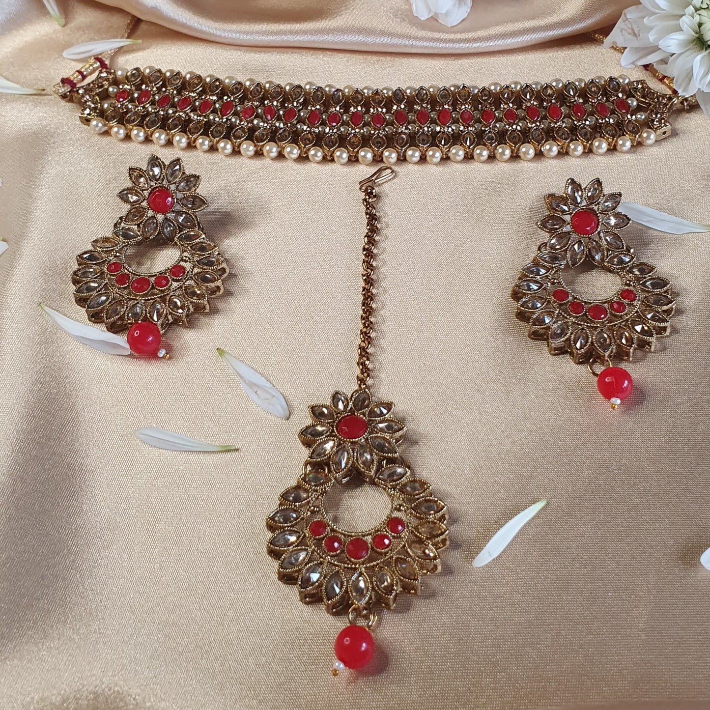 RED CHOCKER, EARRINGS, TIKKHA SET