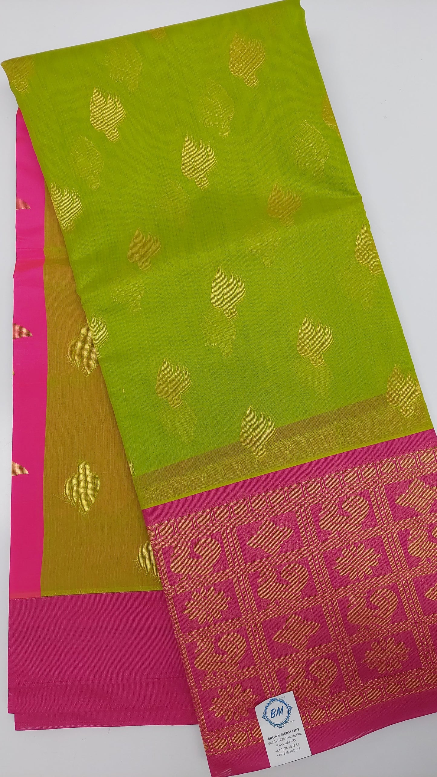 PEACOCK GREEN & HOT PINK COTTON SAREE