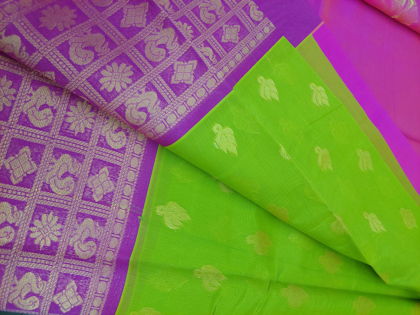 PEACOCK GREEN & HOT PINK COTTON SAREE