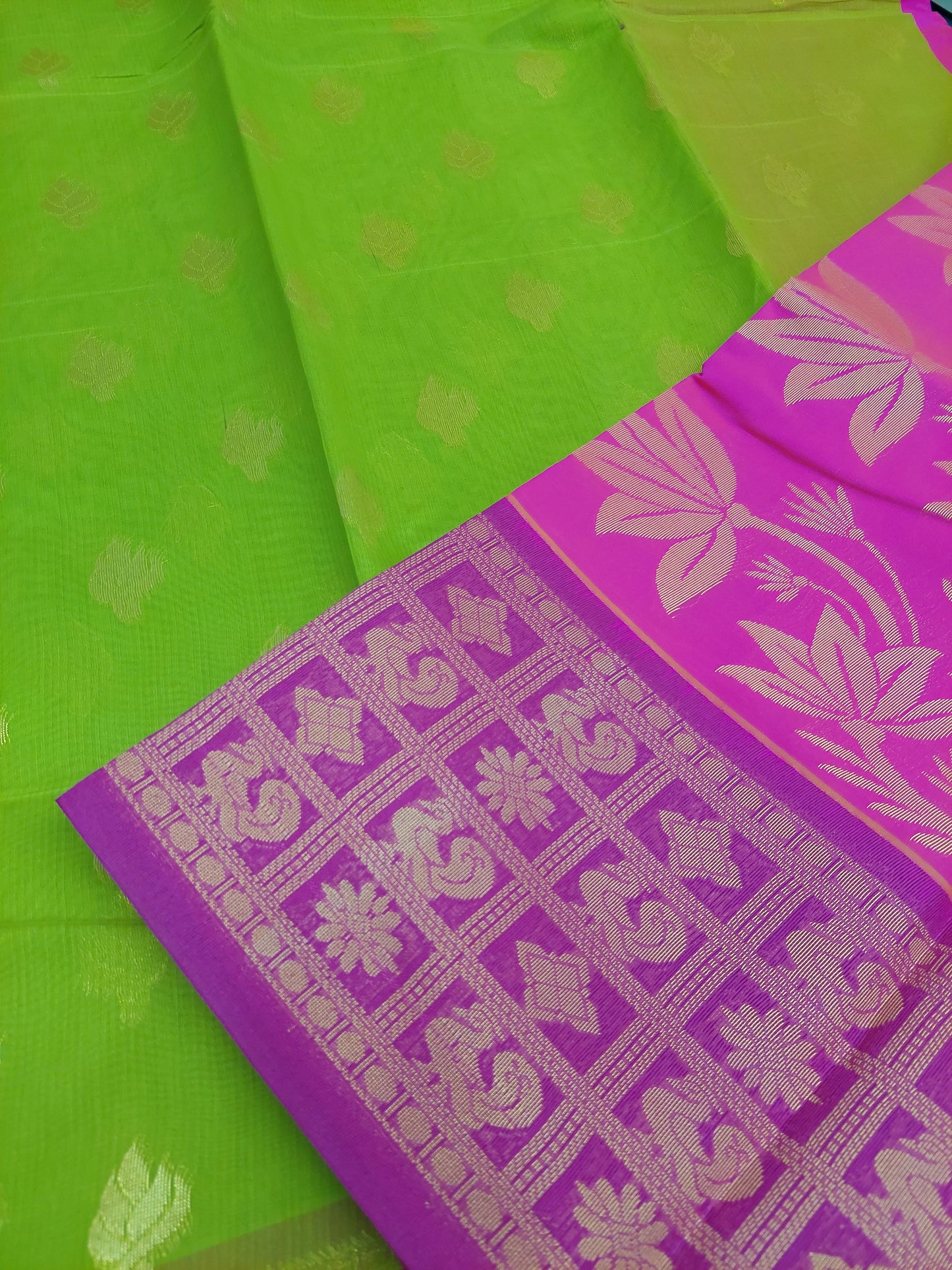 PEACOCK GREEN & HOT PINK COTTON SAREE