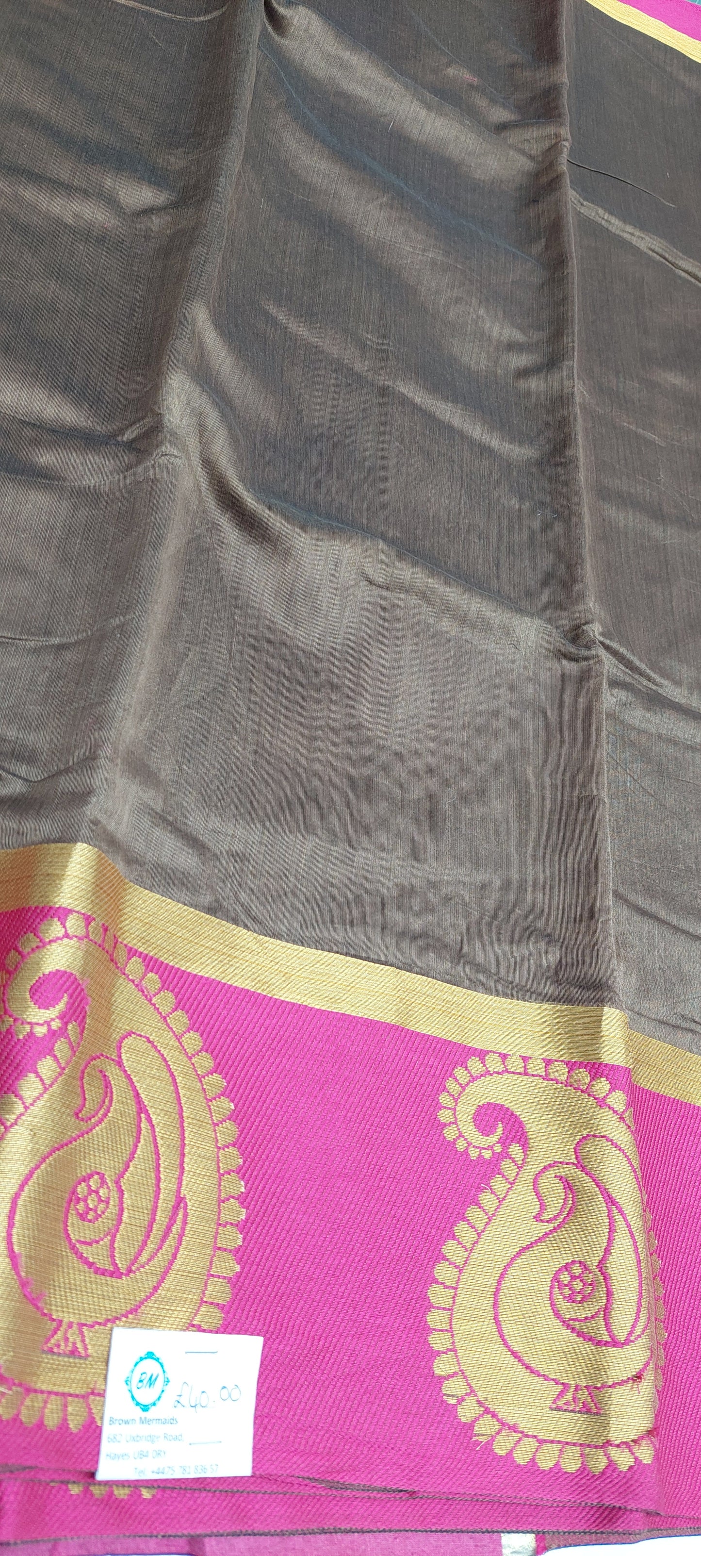 BROWN & PINK COTTON SAREE