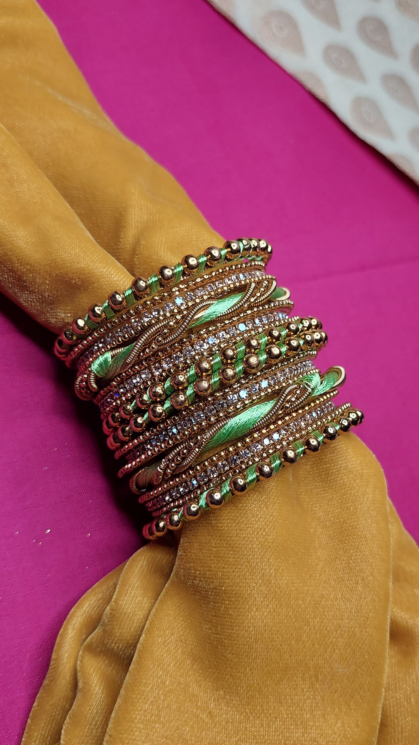 ANTIQUE GOLD AND PARROT GREEN BANGLE SET (SIZE 1.14)