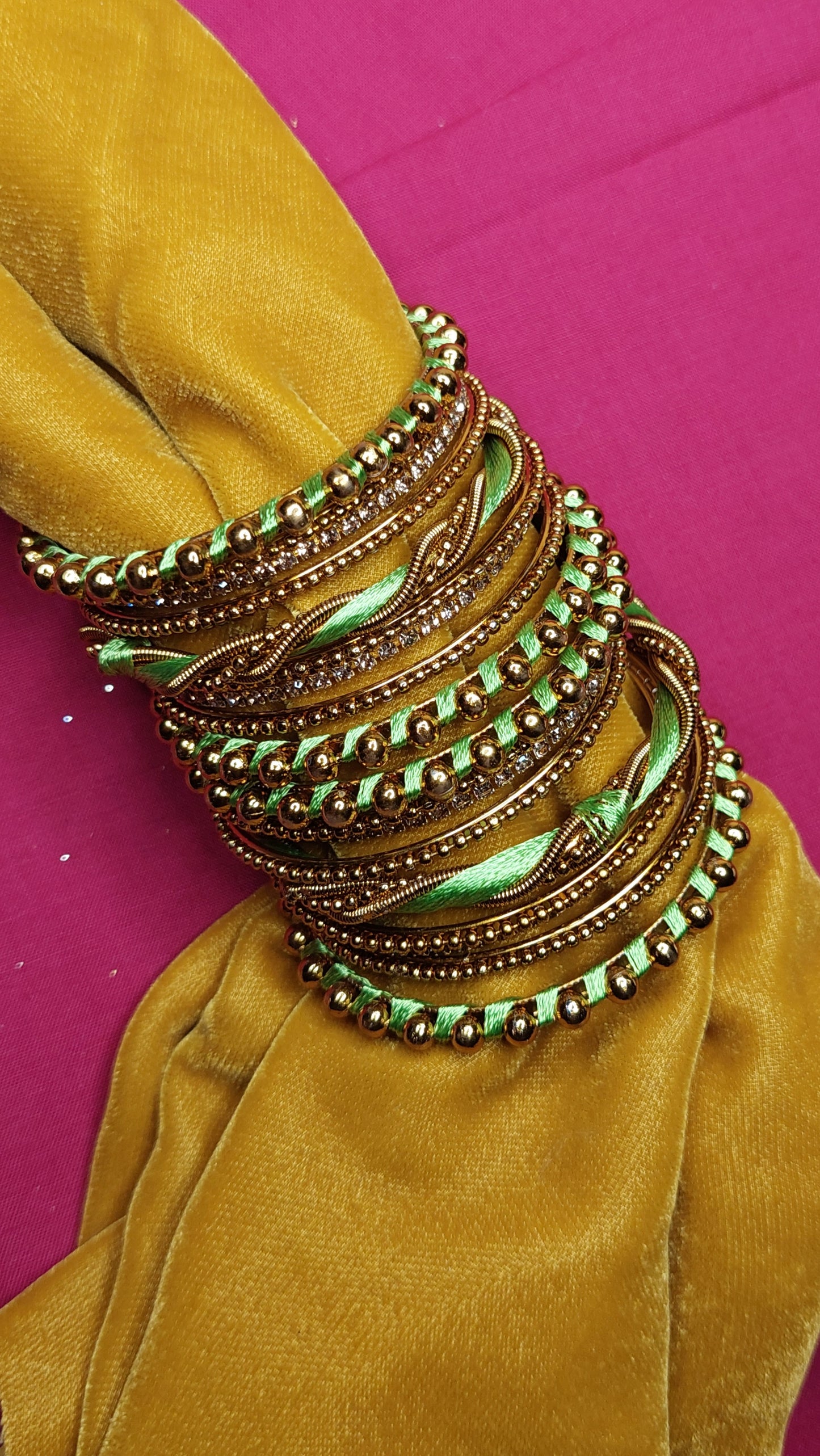 ANTIQUE GOLD AND PARROT GREEN BANGLE SET (SIZE 1.14)
