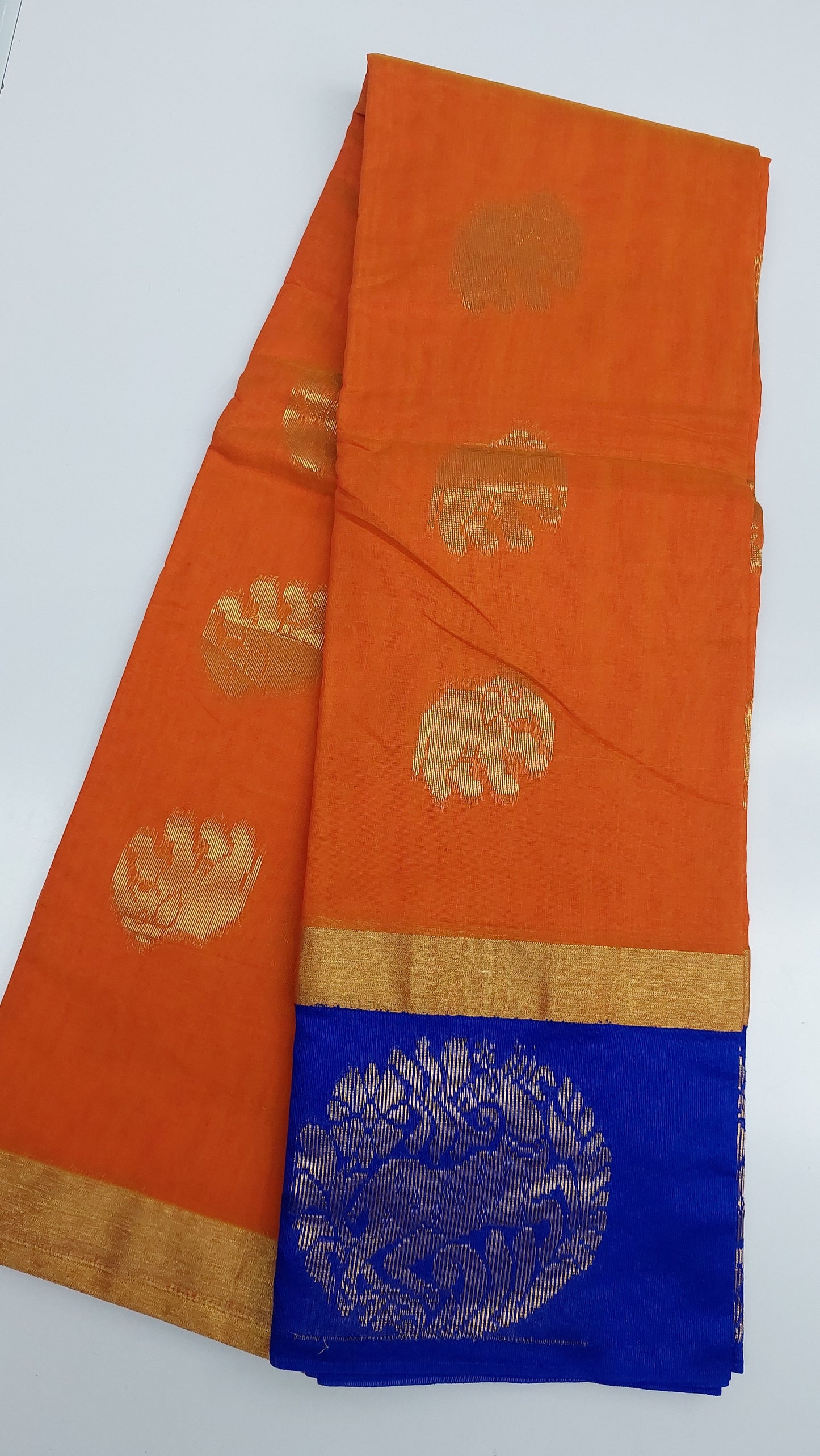 ORANGE COTTON SAREE WITH BLUE BORDER