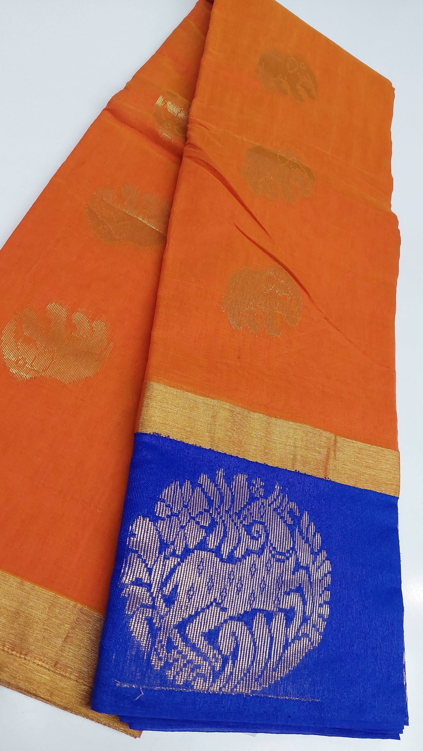 ORANGE COTTON SAREE WITH BLUE BORDER