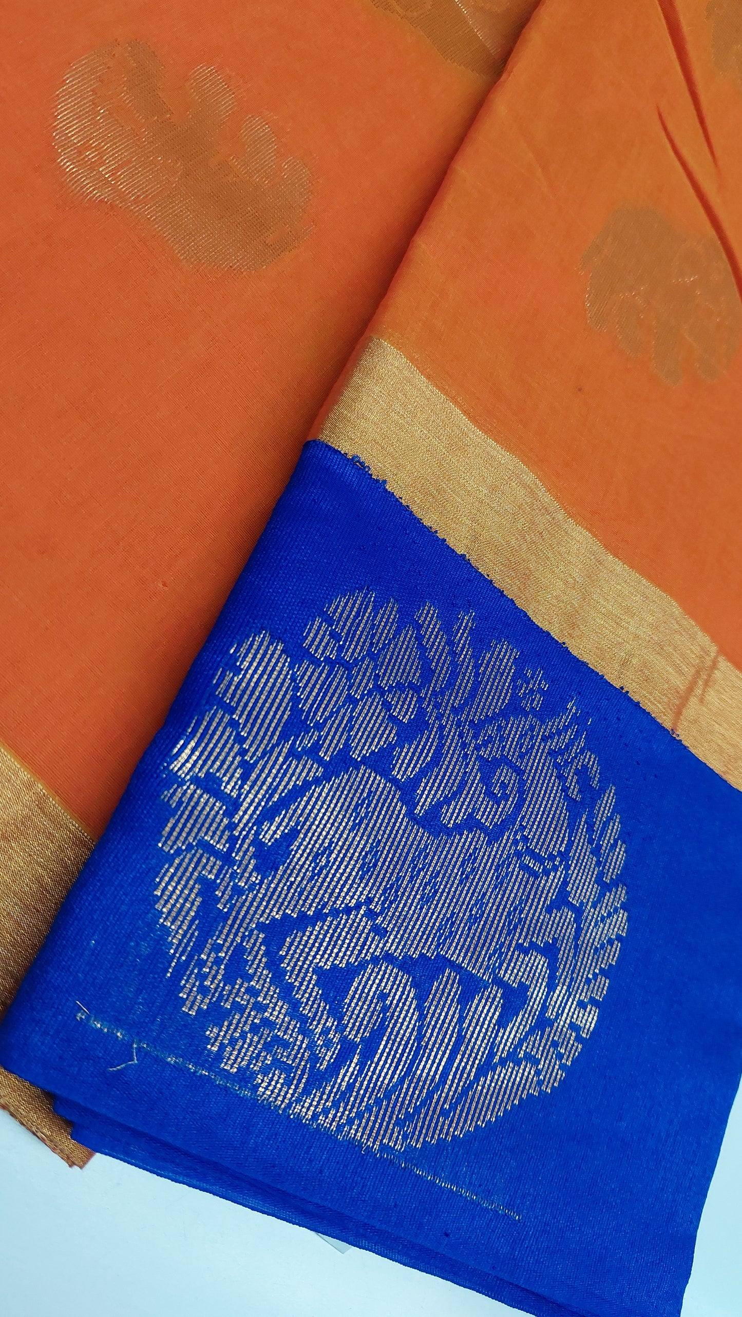 ORANGE COTTON SAREE WITH BLUE BORDER
