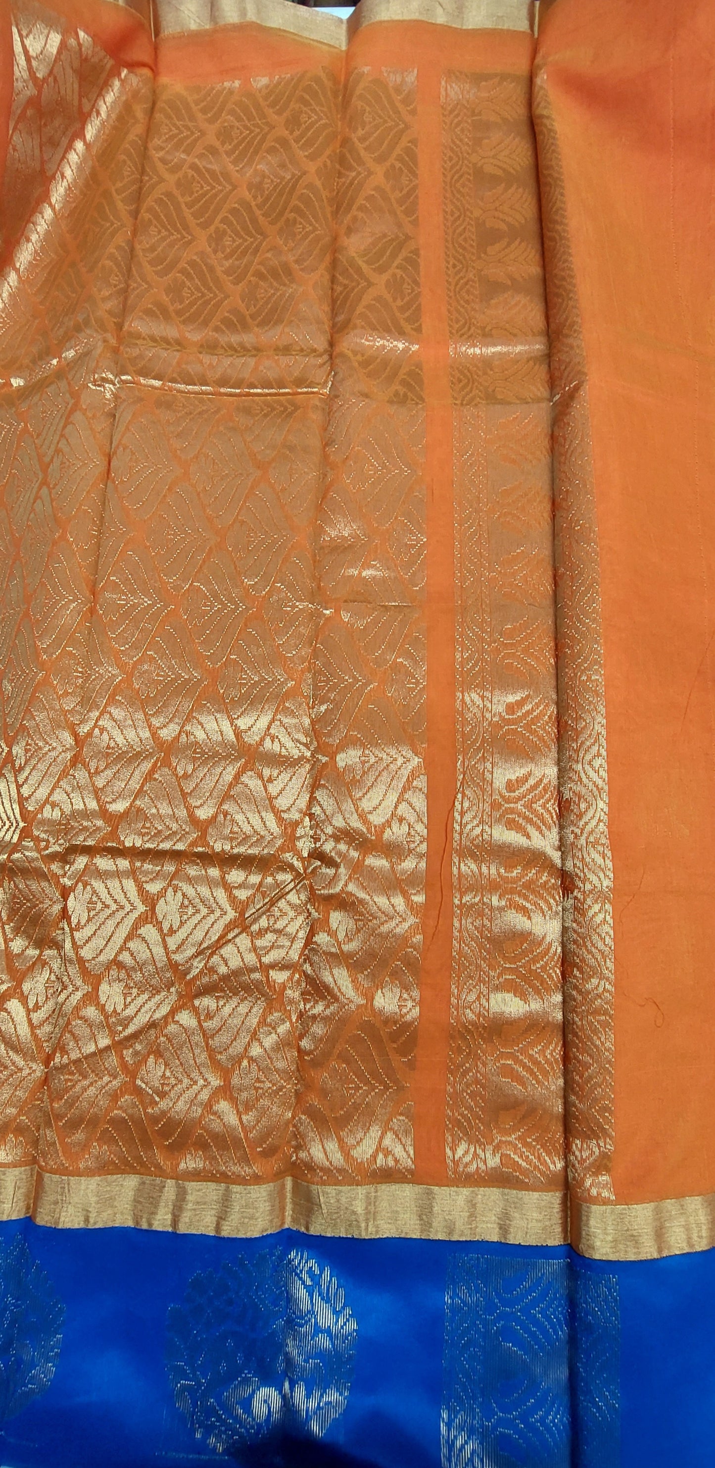 ORANGE COTTON SAREE WITH BLUE BORDER