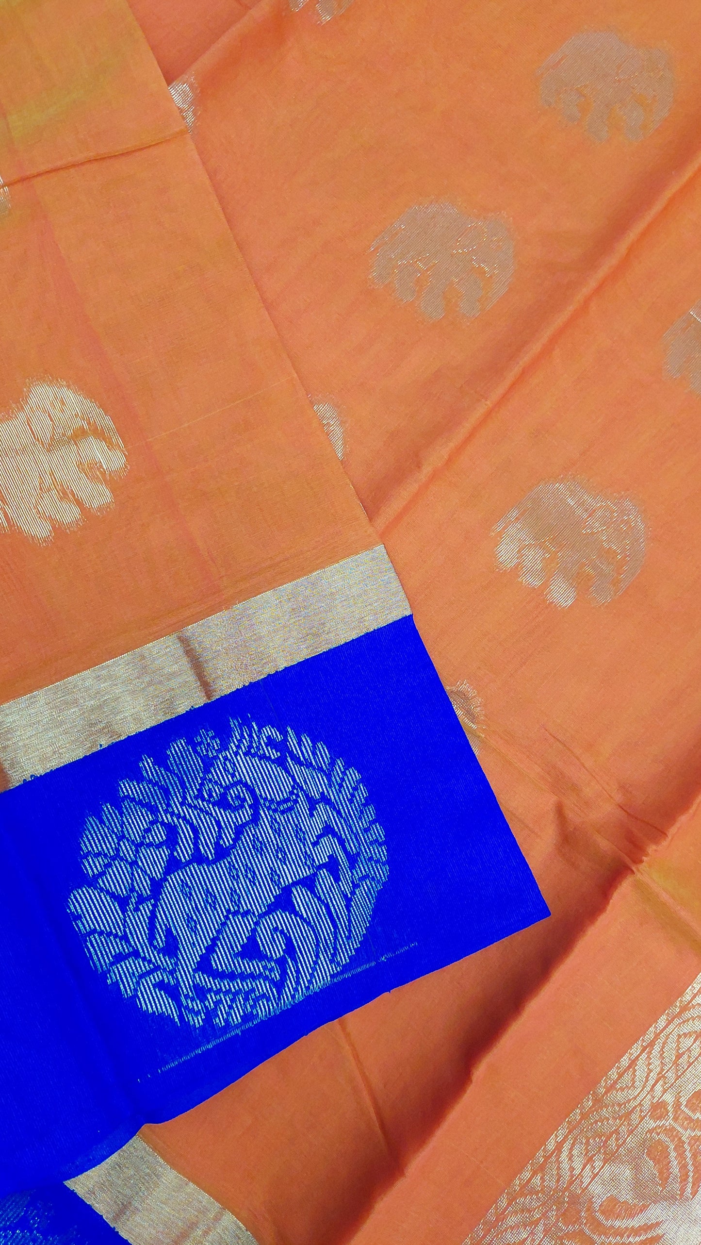ORANGE COTTON SAREE WITH BLUE BORDER