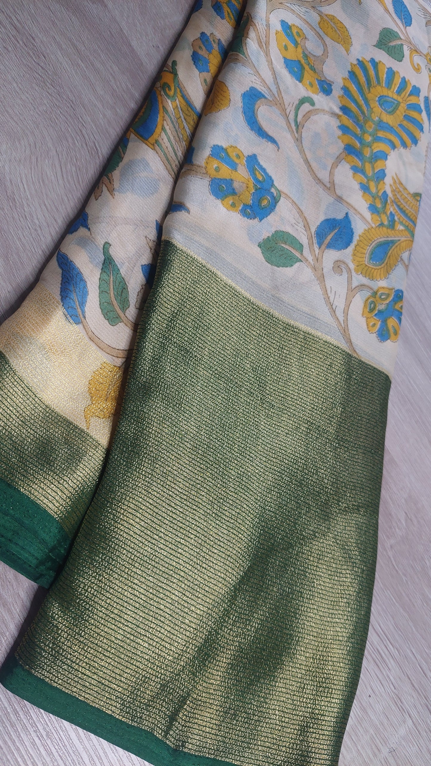 CHIFFON SAREE WITH KALAMKARI PRINT (GREEN)