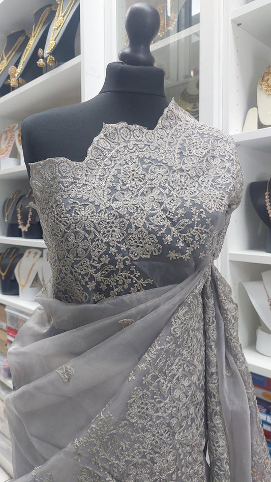 GREY ORGANZA SAREE