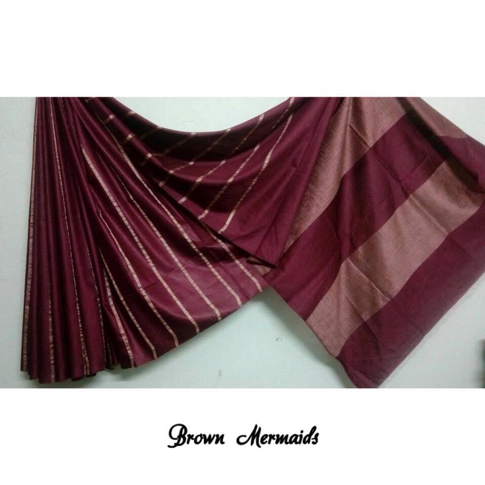 Maroon linen saree with gold zari lines