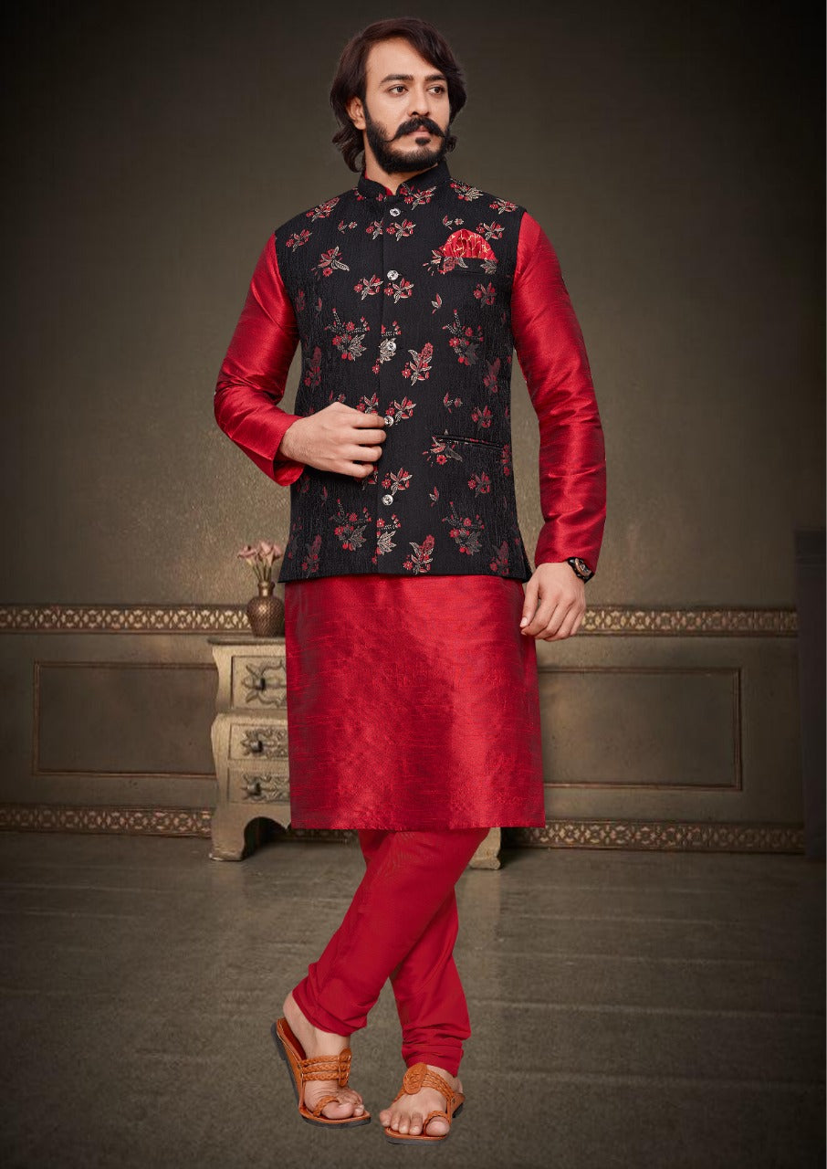 EMBROIDERED ART SILK KURTA JACKET SET IN RED