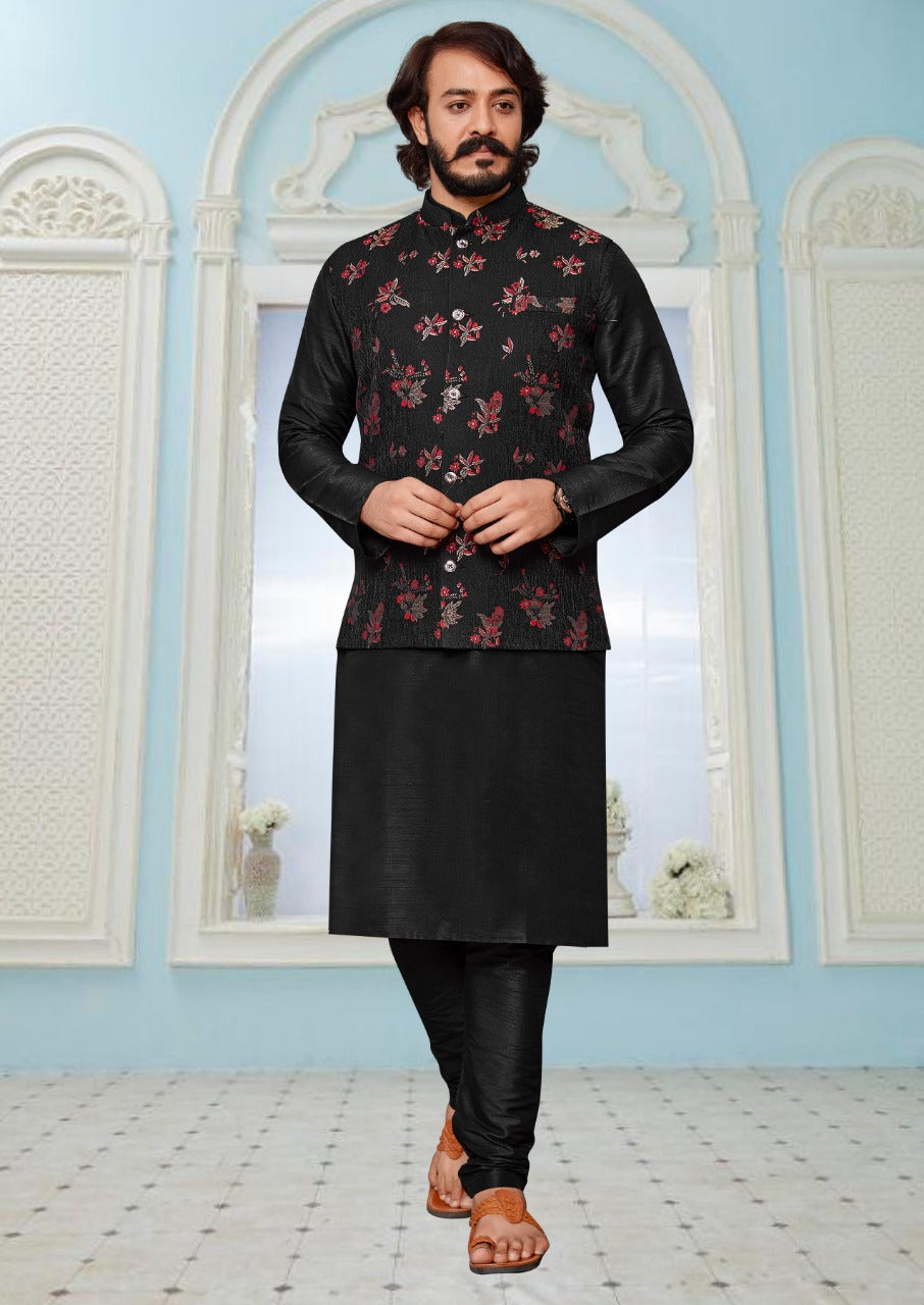 EMBROIDERED ART SILK KURTA JACKET SET IN BLACK