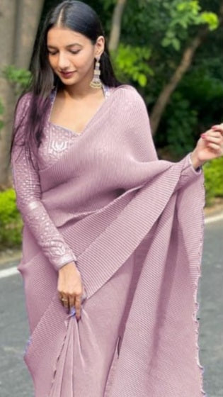 CRUSHED PLEATED SAREE (ROSE PINK)
