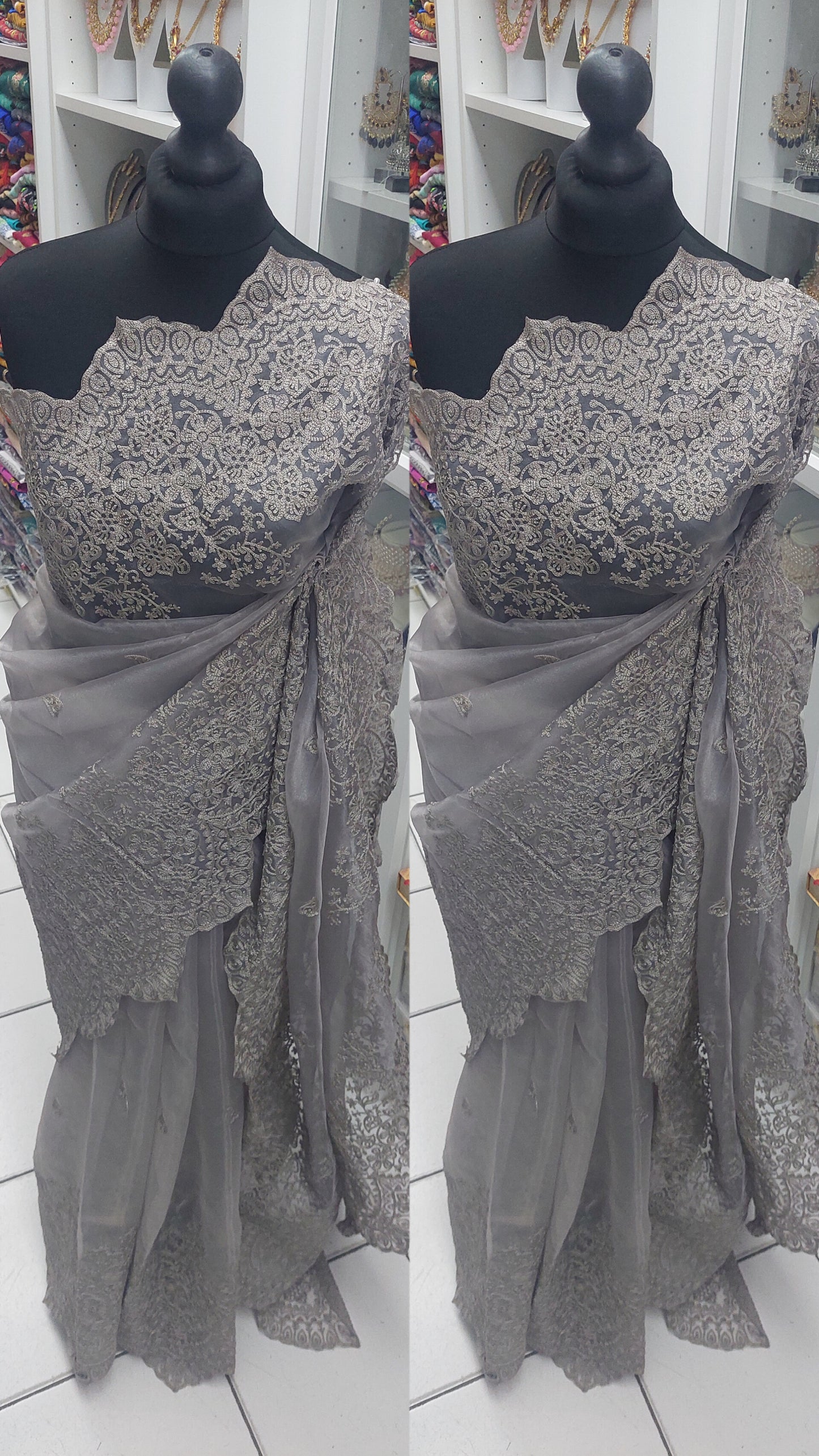 GREY ORGANZA SAREE
