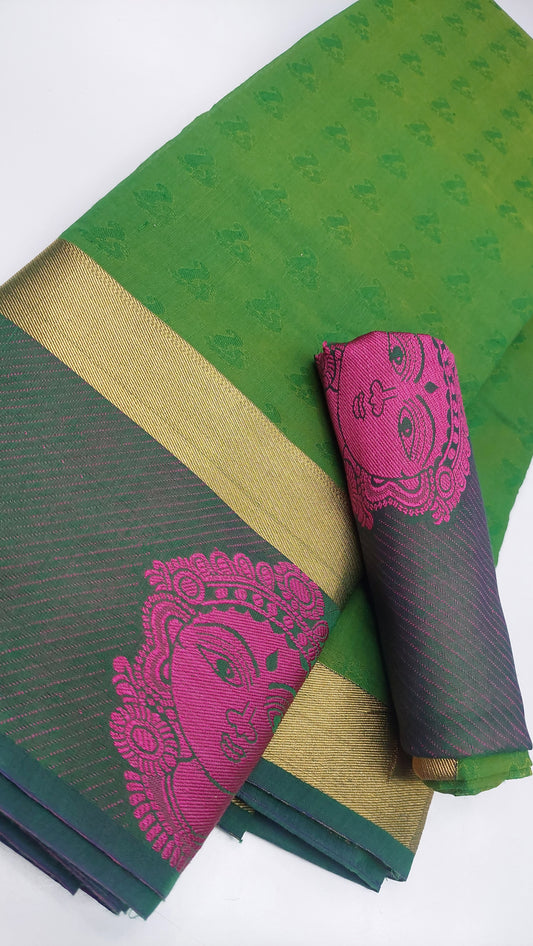 GREEN & HOT PINK COTTON SAREE