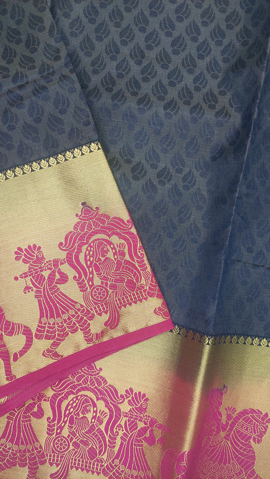 DARK NAVY & PINK TUSSER SILK SAREE