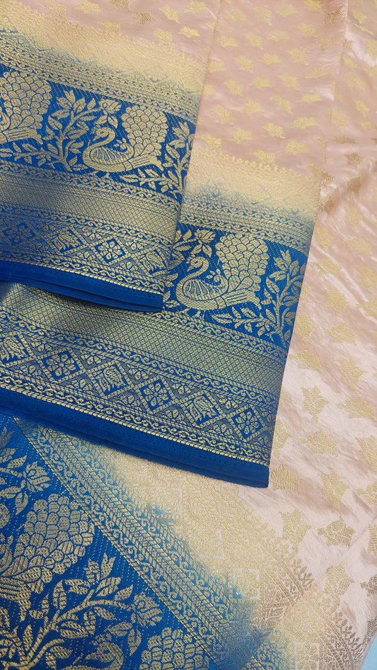 SALMON PINK & BLUE TUSSER SILK SAREE