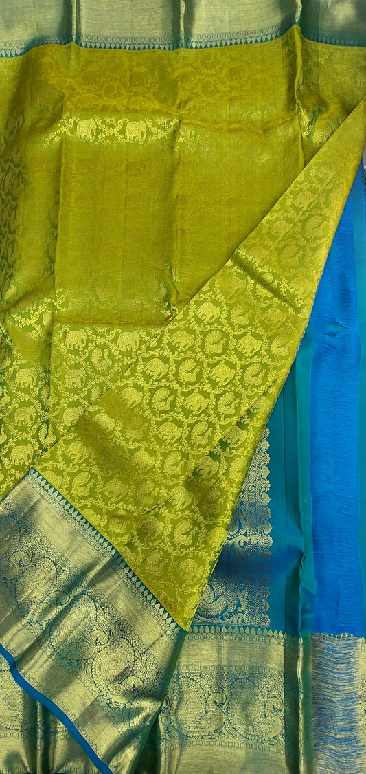 OLIVE GREEN & BLUE PURE SILK