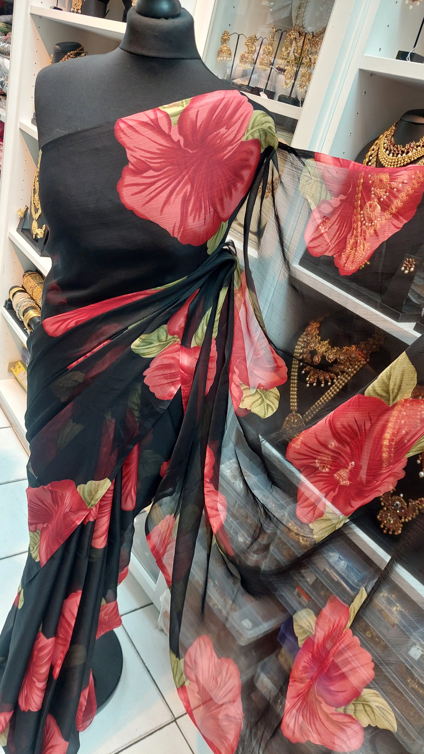 BLACK & RED FLORAL SAREE