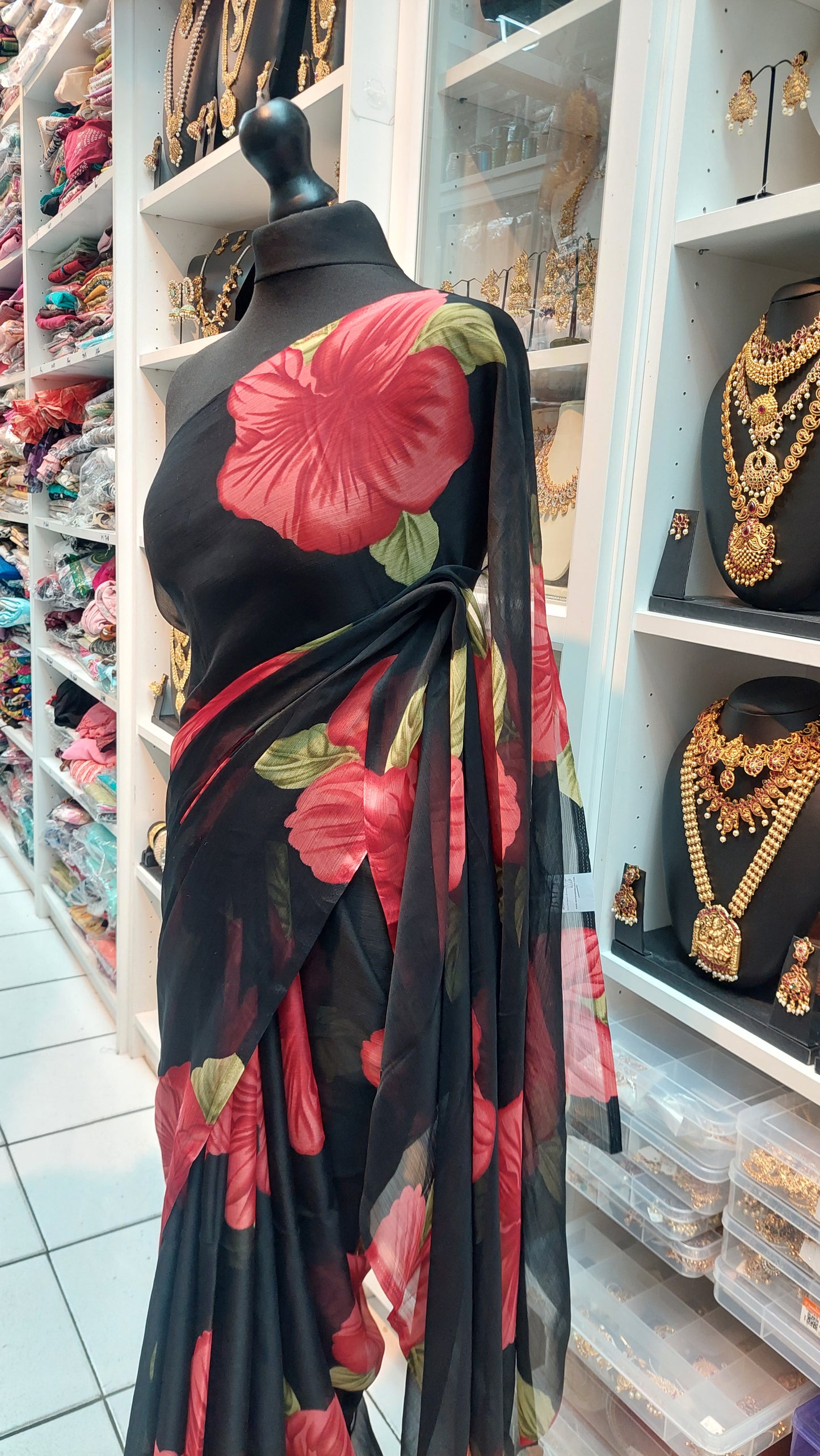 BLACK & RED FLORAL SAREE