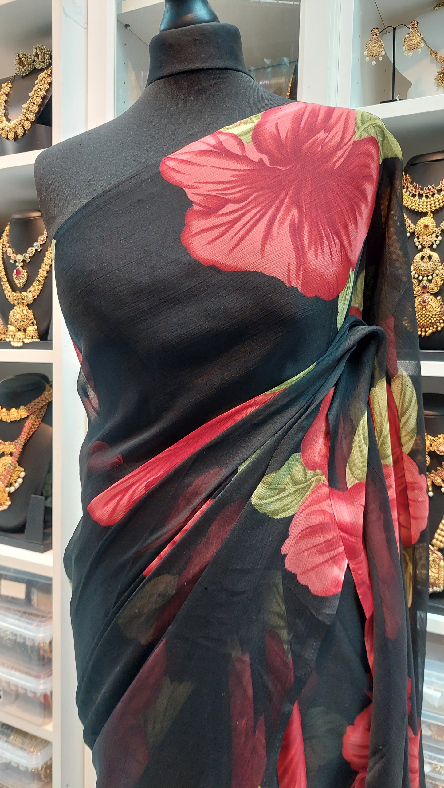 BLACK & RED FLORAL SAREE