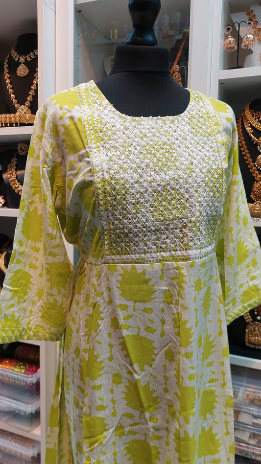 LIME GREEN & WHITE COTTON GOWN